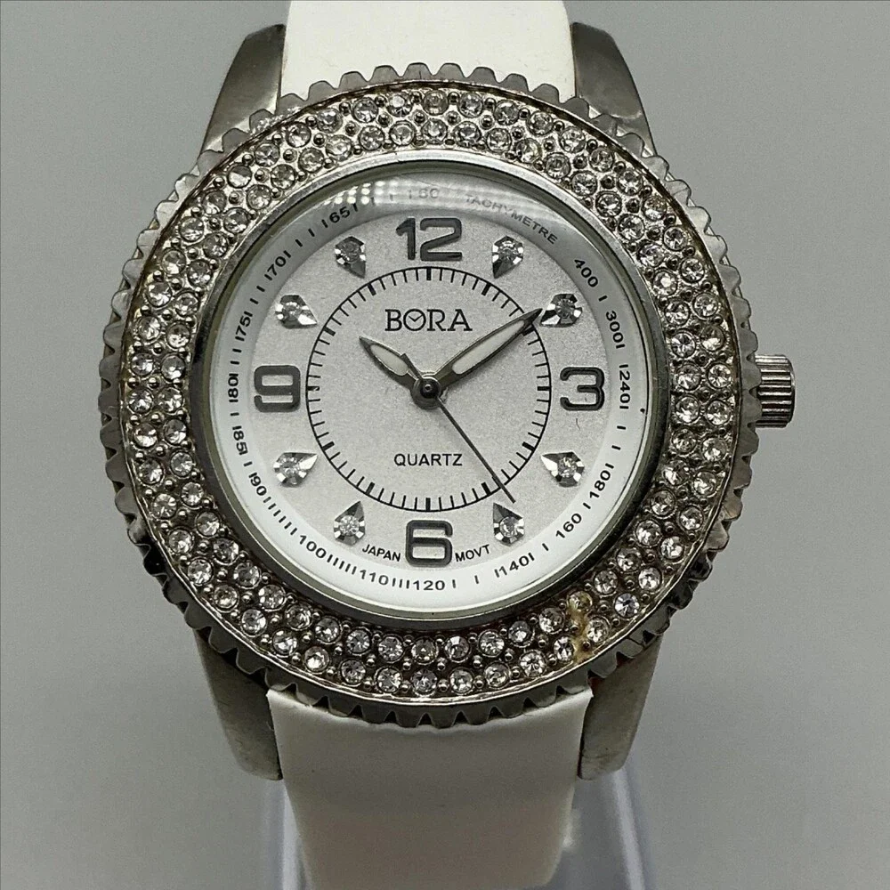 BORA Womens Watch 39mm Silver Tone White Silicone Crystals New Battery